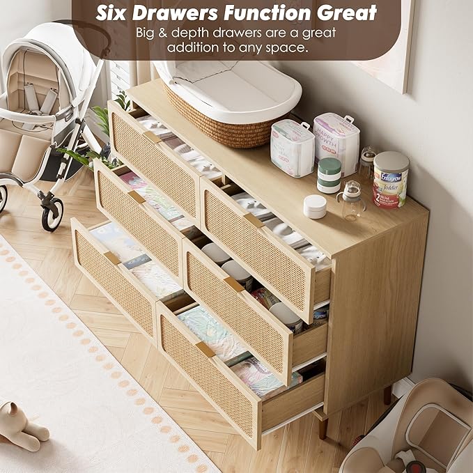 GarveeHome Rattan 6 Drawer Dresser