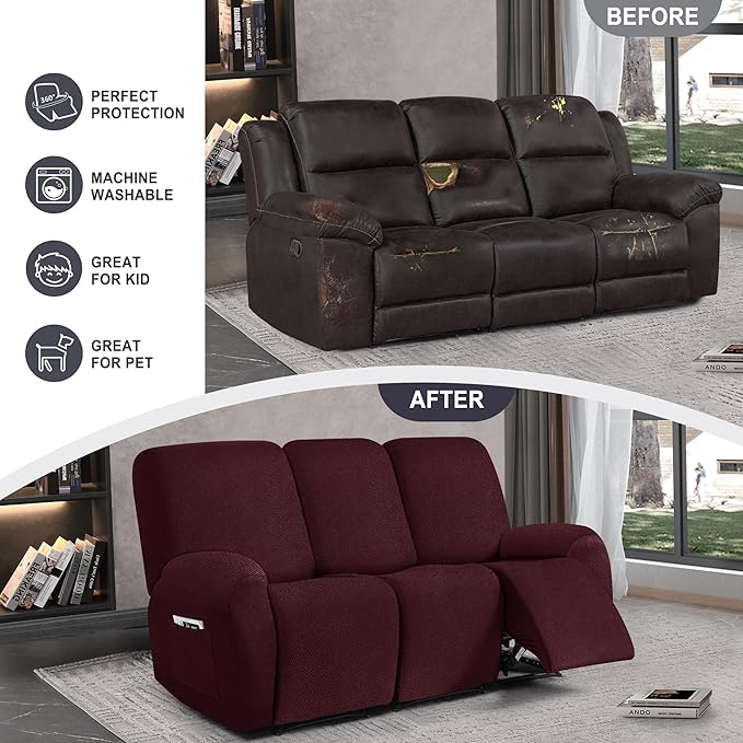 ANARACHON Leather Look Recliner Couch Cover, 8-Pieces Stretch Recliner Sofa