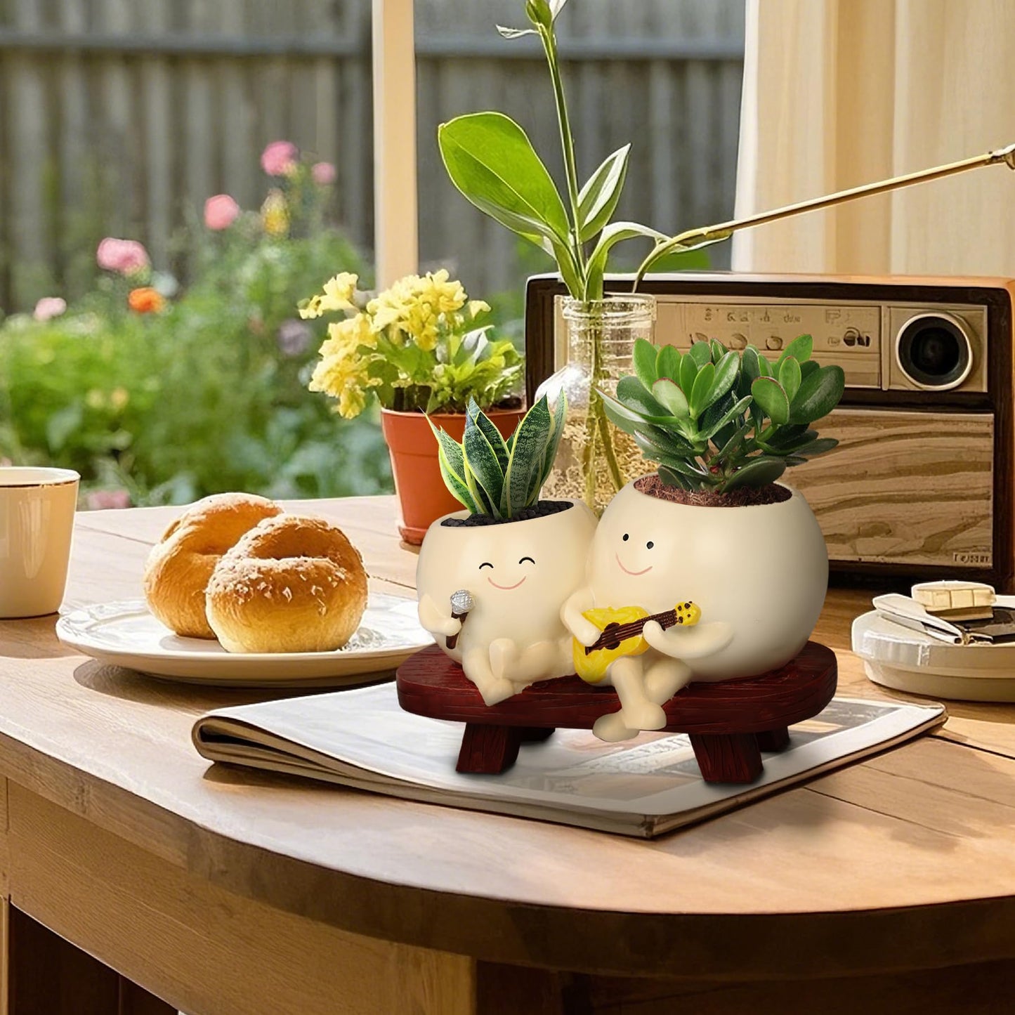 Xeerrfan Double Smiley Face Planter, Cute Face Band Head Planter Pot with Drainage Hole, Small Plower Pots for Indoor/Outdoor Plants Succulent, Funny Gift for Birthday