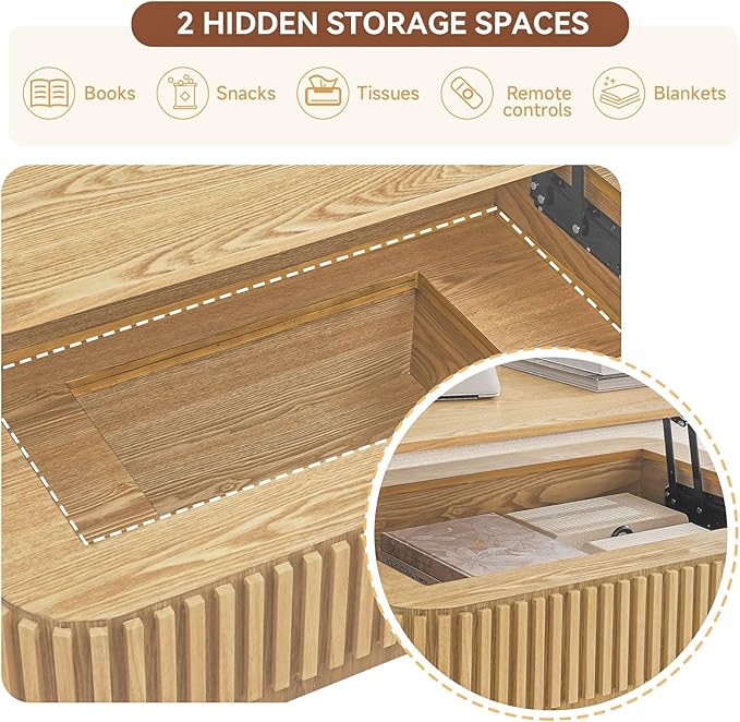 Lift Top Coffee Table for Living Room, Rectangle Handmade Solid Wood Strips