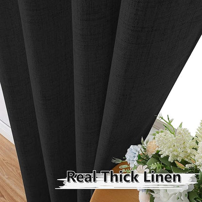 Tollpiz Linen Curtains Bedroom Rod Pocket Semi Sheer Curtain Burlap Light Filtering Thick Linen Drapes for Living Room, 54 x 84 inches Long, Black, Set of 2 Panels
