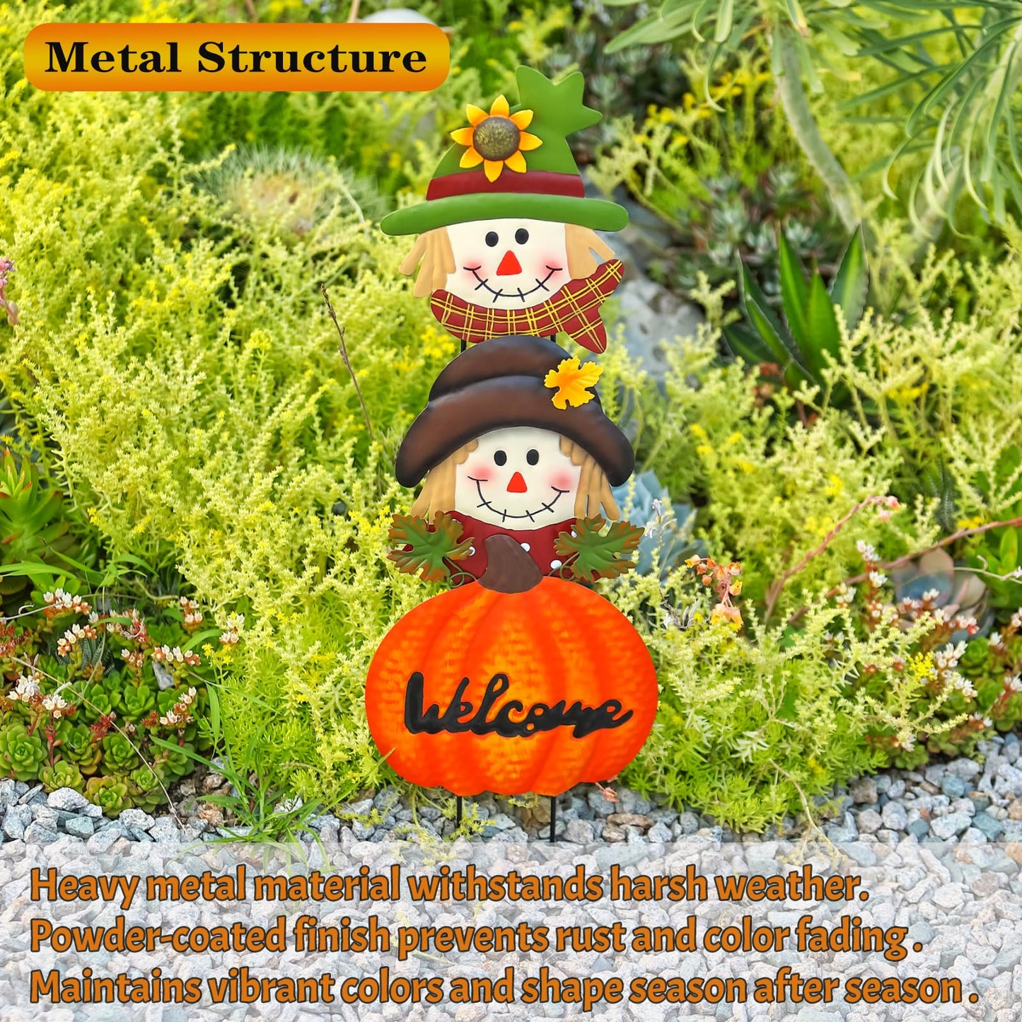 Fall Decorations for Home Outdoor, Metal Stacked Scarecrow & Pumpkin Yard Stakes, Welcome Sign Garden Stakes, Metal Yard Signs for Garden Lawn Patio Halloween/Thanksgiving Decor