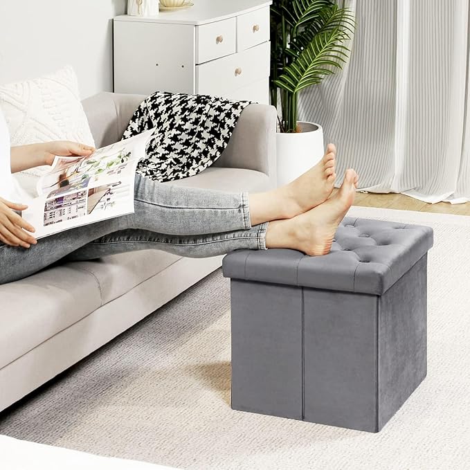 B FSOBEIIALEO Storage Ottoman Cube, Velvet Tufted Folding Ottomans