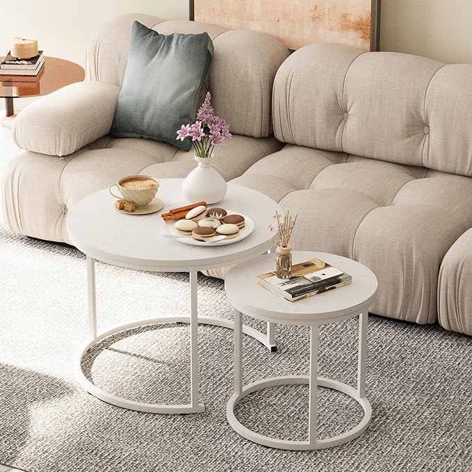 Garden 4 you Nesting Coffee Table, 23.6" Round Coffee Table Set of 2, Wooden