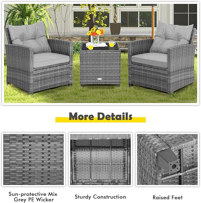 COSTWAY 3-Piece Patio Furniture Set, Outdoor Wicker Rattan Sofa