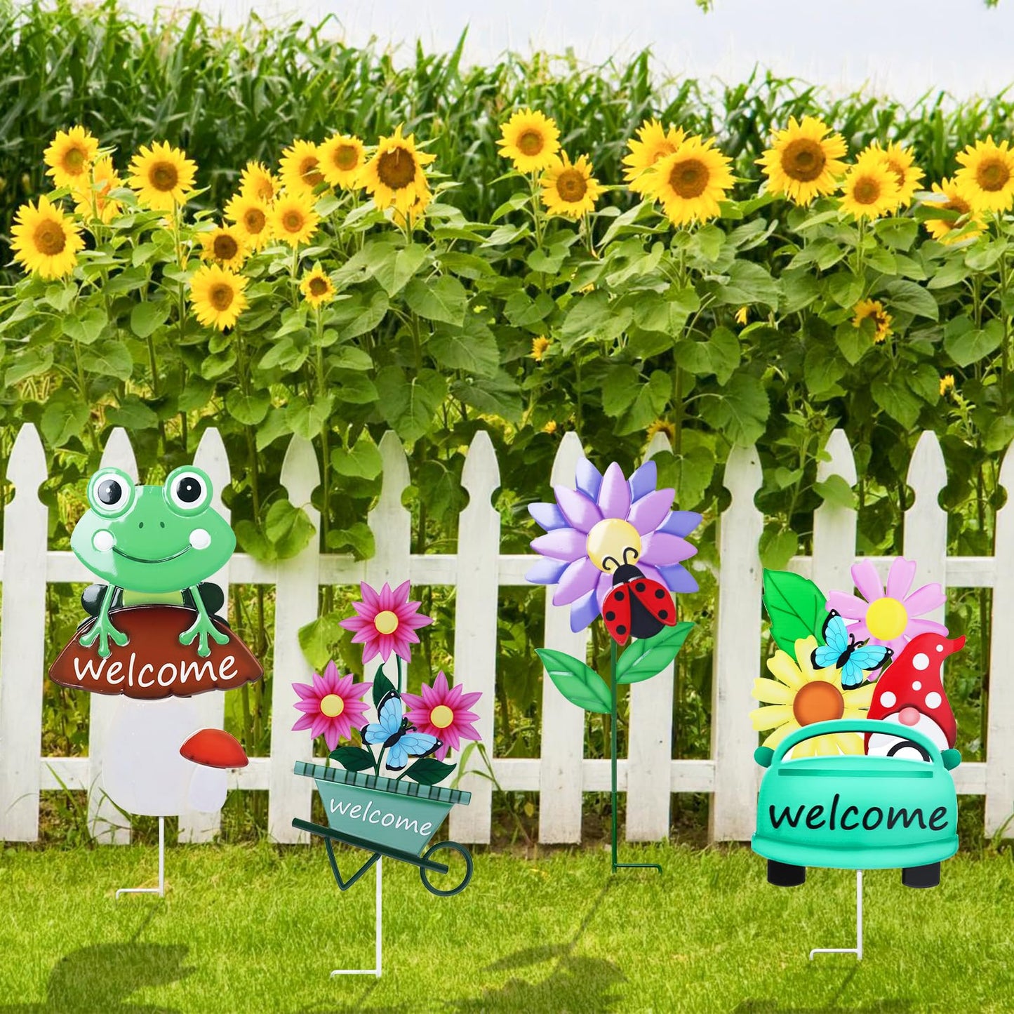 Welcome Decorative Garden Stakes, 4Pcs Flower Metal Yard Signs with Frog, Mushroom, Gnome, Butterfly and Ladybug, Garden Stakes for Spring Decor,Outdoor Lawn Yard Art Gift for Mom