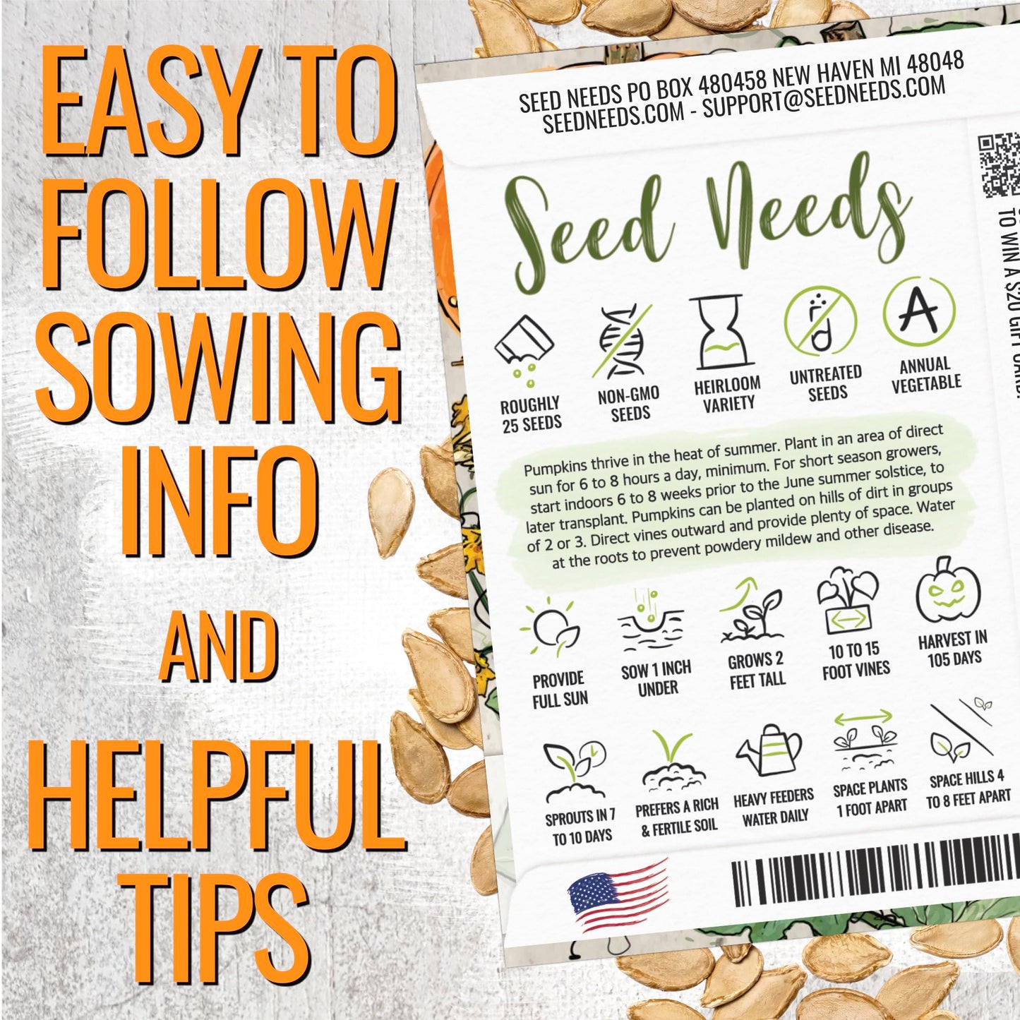 Seed Needs Pumpkin Seeds for Planting Jack O Lantern Pumpkins - Non-GMO Heirloom & Untreated Cucurbita Pepo Vegetable Seed to Plant an Outdoor Pumpkin Patch (5 Packs)