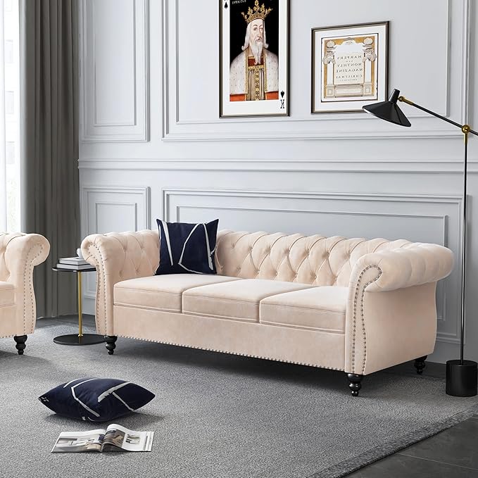 ORRD 2 Piece Living Room Set, Velvet Chesterfield Sofa Couch Chair