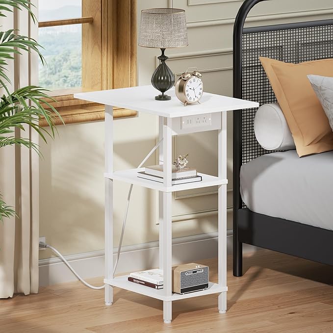 Asgolion Tall Side Table with Charging Station, Skinny End Table Nightstand