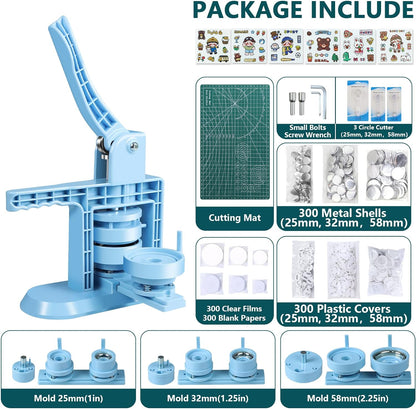 Button Maker Machine Multiple Sizes 1+1.25+2.25inch(4th Gen), DIY Button Pin Maker Machine Kit, Badge Press Machine with 300PCS 25+32+58mm Button Making Supplies& Cutting Mat&Circle Cutter