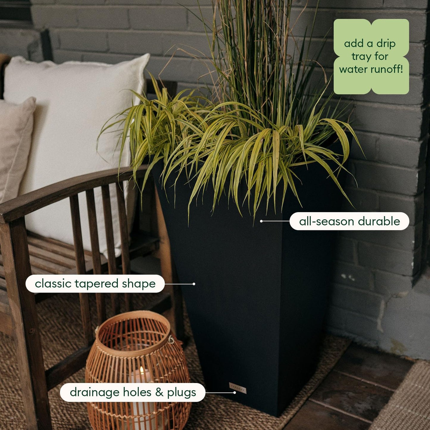 Veradek V-Resin Indoor/Outdoor Taper Planter (26 inch-2 Pack, Black)
