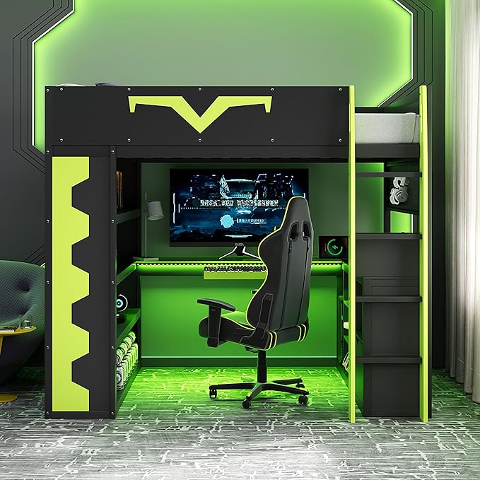 Full Size Gaming Loft Bed with Integrated Desk & RGB LED Lights, Pro-Gamer Bunk