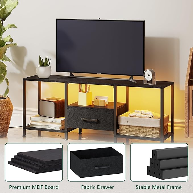 JARHETUN TV Stand with LED Lights, Entertainment Center with Open Shelves and