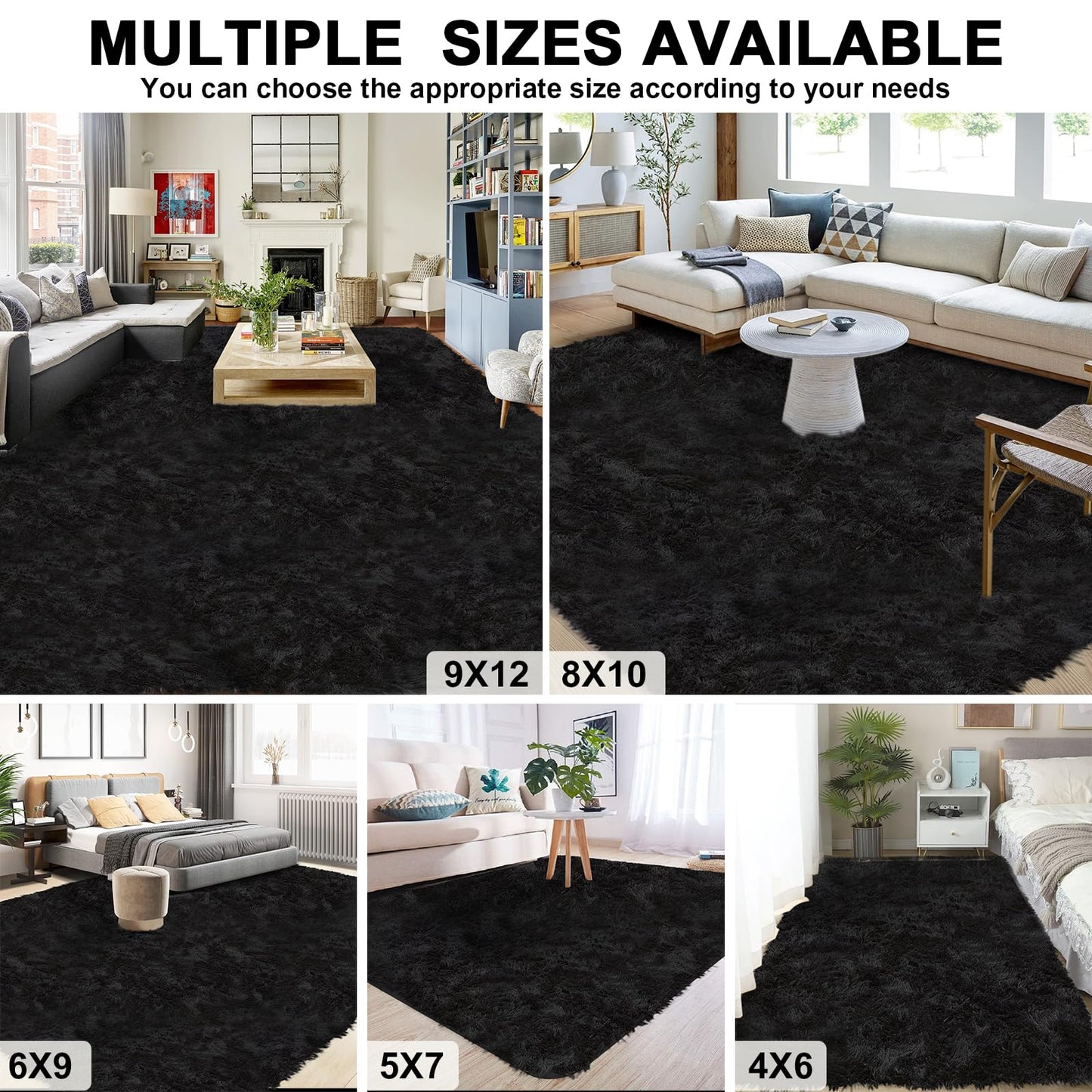 Black Shaggy Area Rug for Living Room Bedroom, Ultra Soft Fluffy Fuzzy Furry Rugs 4x6 ft, Upgrade Non-Slip Plush Shag Bedside Rug, Indoor Floor Carpet for Kids Girls Boys, Dorms, Nursery, Home Decor