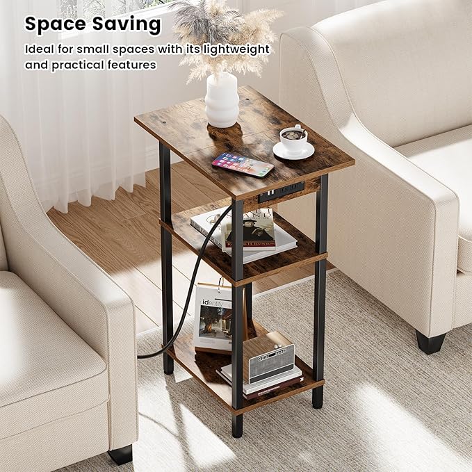 Asgolion Tall End Table with Charging Station, Skinny Nightstand with USB Ports
