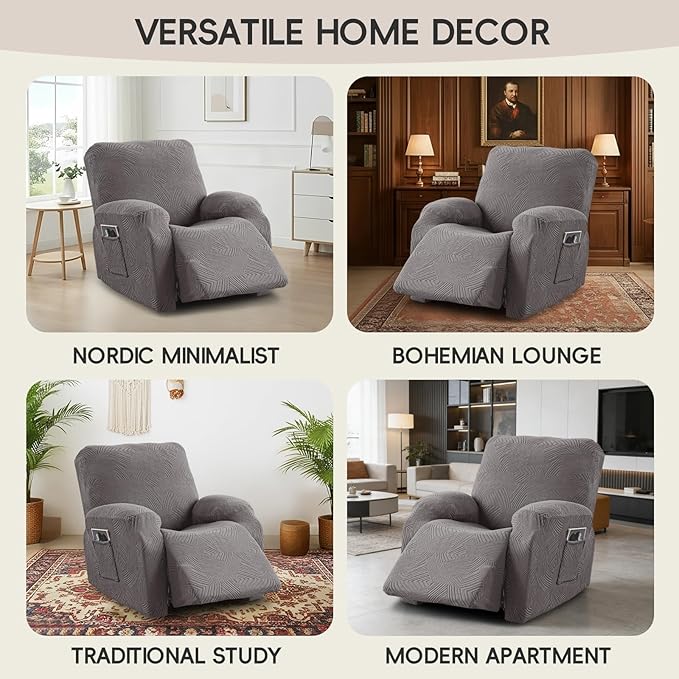 Oversized Recliner Chair Covers, 4-Piece Stretch Geometric Strokes Jacquard