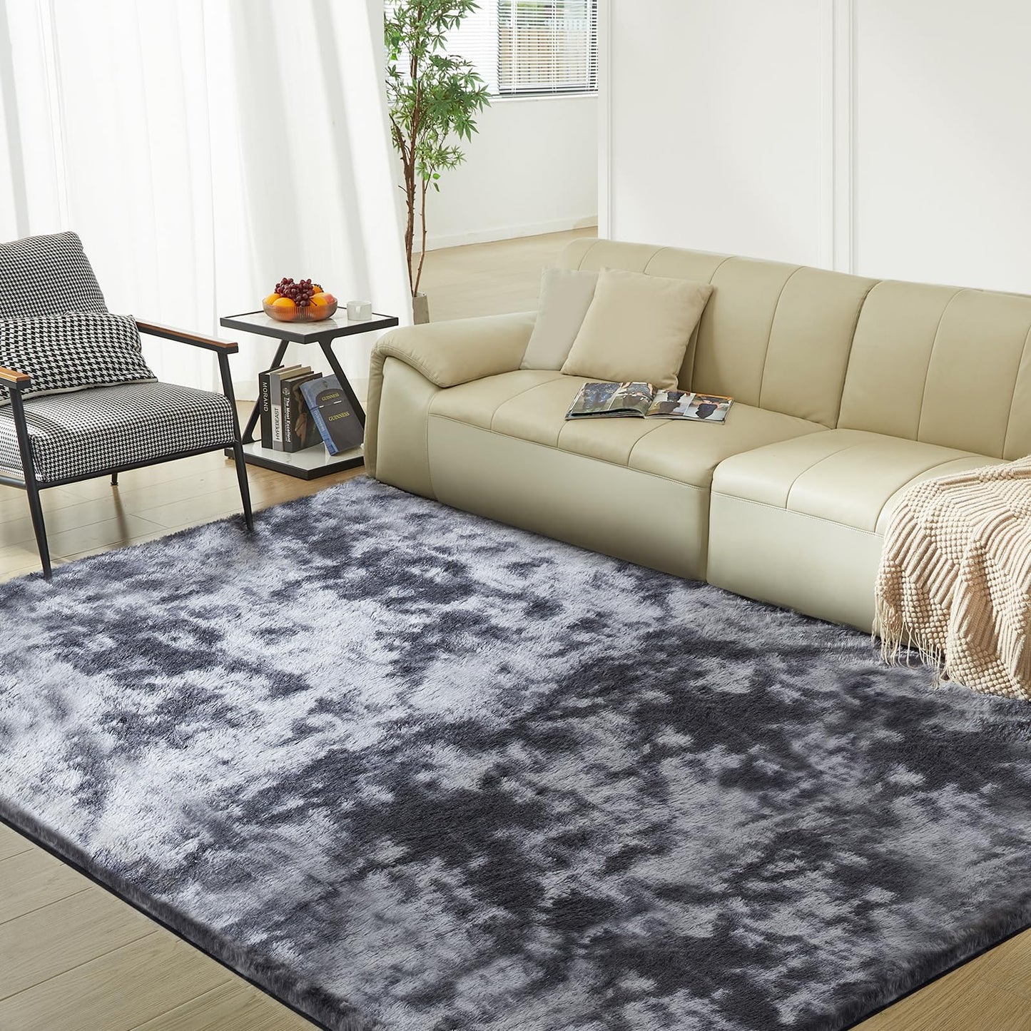 5X8 Ultra Soft Rug for Living Room, Fluffy Shag Area Rug for Bedroom, Modern Shaggy Carpets Fuzzy Rug for Teens Dorm Nursery Home Decor Aesthetic, Upgrade Anti-Skid Durable, Tie Dye Black and Grey