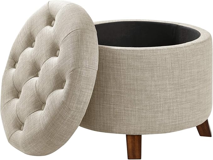 Amazon Basics Round Storage Ottoman Foot Rest, Button Tufted Upholstered
