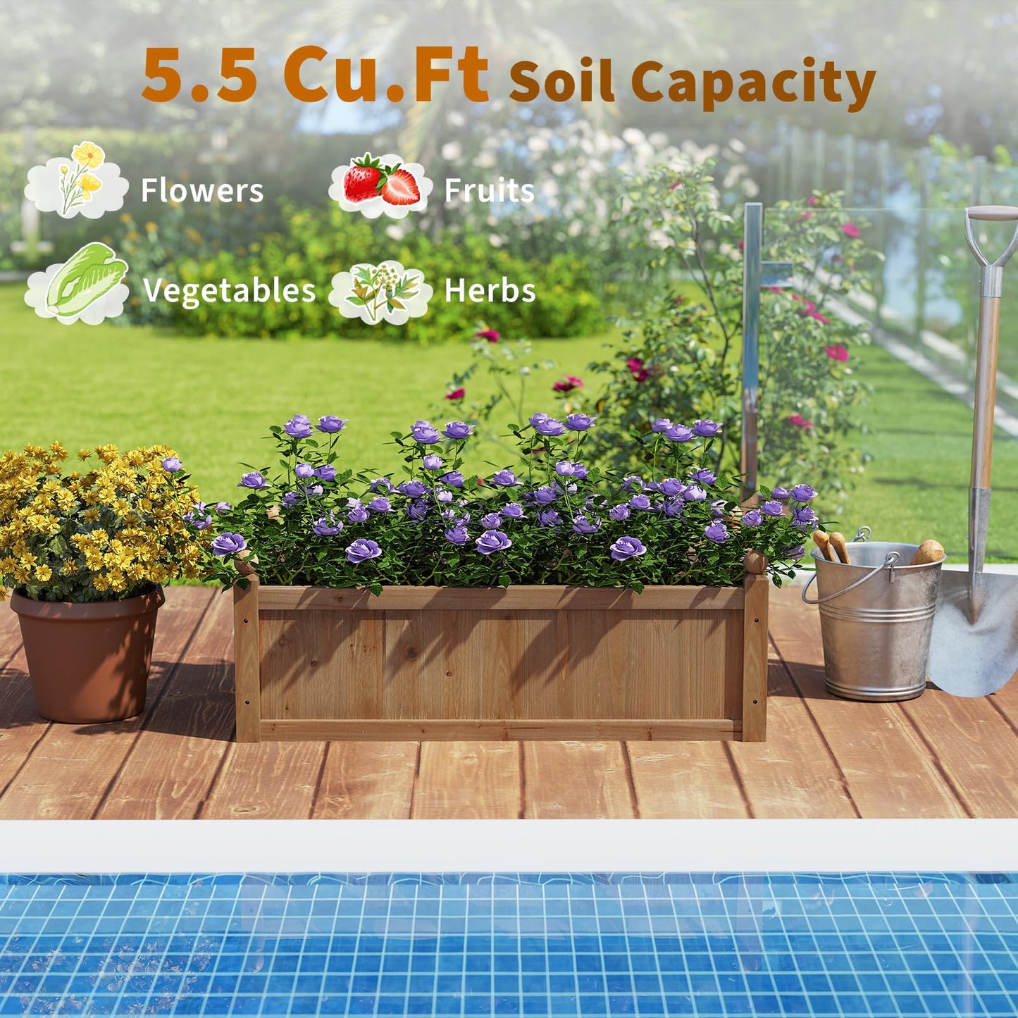 HAPPYGRILL Wood Raised Garden Bed, 46” x 24” x 16” Rectangular Flower Box w/Drainage Holes for Growing Vegetables, Flowers, Herbs, Outdoor Planter Box for Backyard Garden Lawn