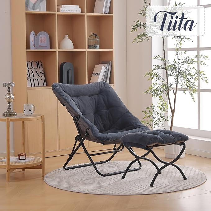 Tiita Folded Chair with Ottoman, Soft Faux Fur Oversized Folding Accent Chair