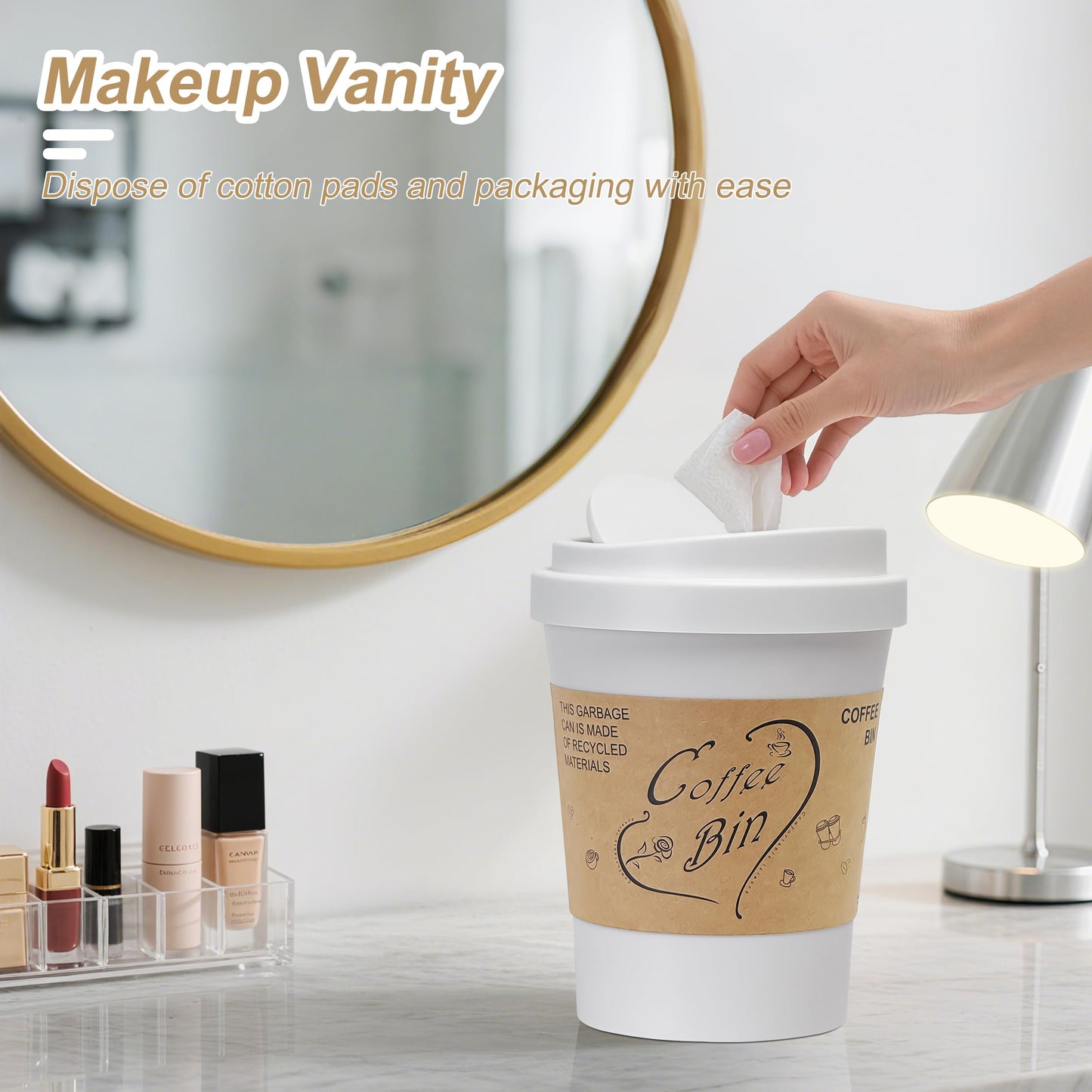 Soddeph Plastic Mini Trash Can with Swing-Top Lid, 0.9 Gallon Desktop Waste Bin for Coffee Table, Office, Small Countertop Wastebasket for Counter, Vanit (White, Small)