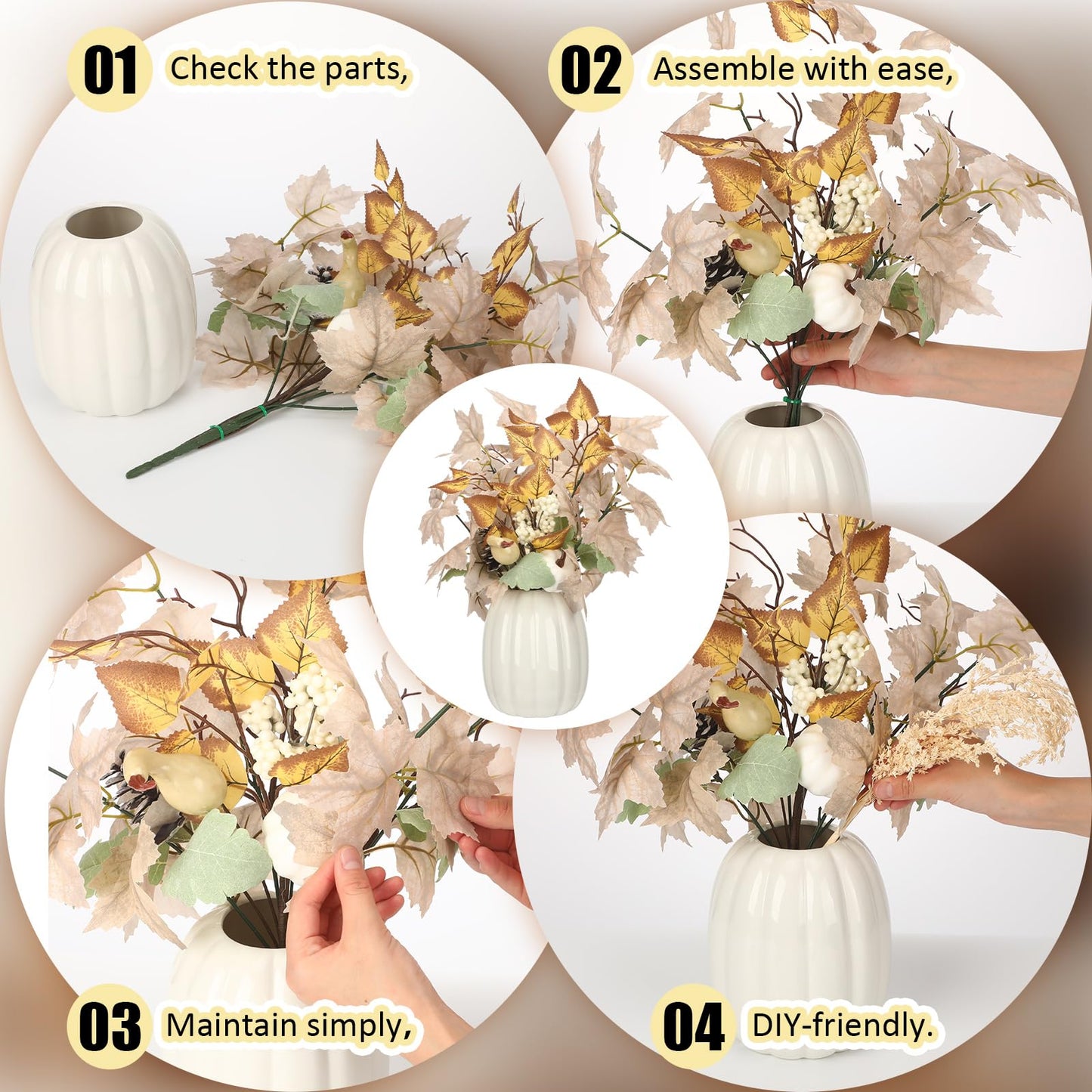 Beeveer Fall Table Centerpieces White Ceramic Pumpkin Vase Decor with Artificial Maple Leaves and Berries Thanksgiving Harvest Home Decor