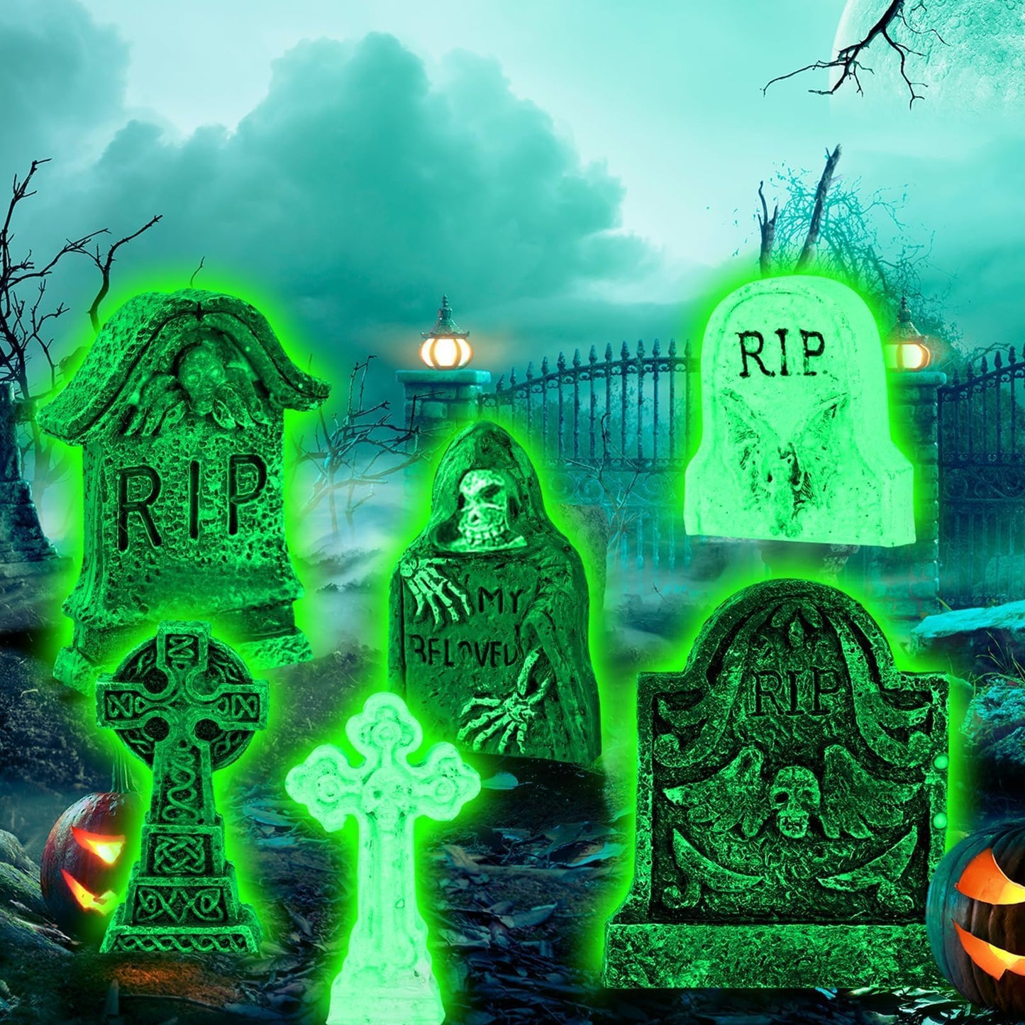 6 Pcs Fluorescent Halloween Miniature Tombstones Mini Village Accessories Resin Halloween Figurines Glow in The Dark Tombstones Ornaments for Fish Tank Cake Decor Landscape DIY Crafts