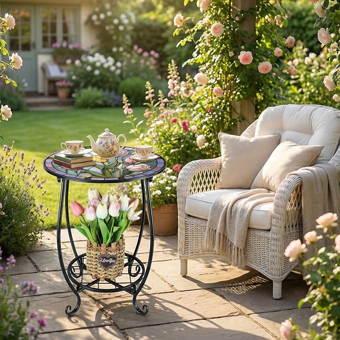 Cinnvoice Outdoor Side Table Round Small Mosaic Patio Accent Indoor End Plant