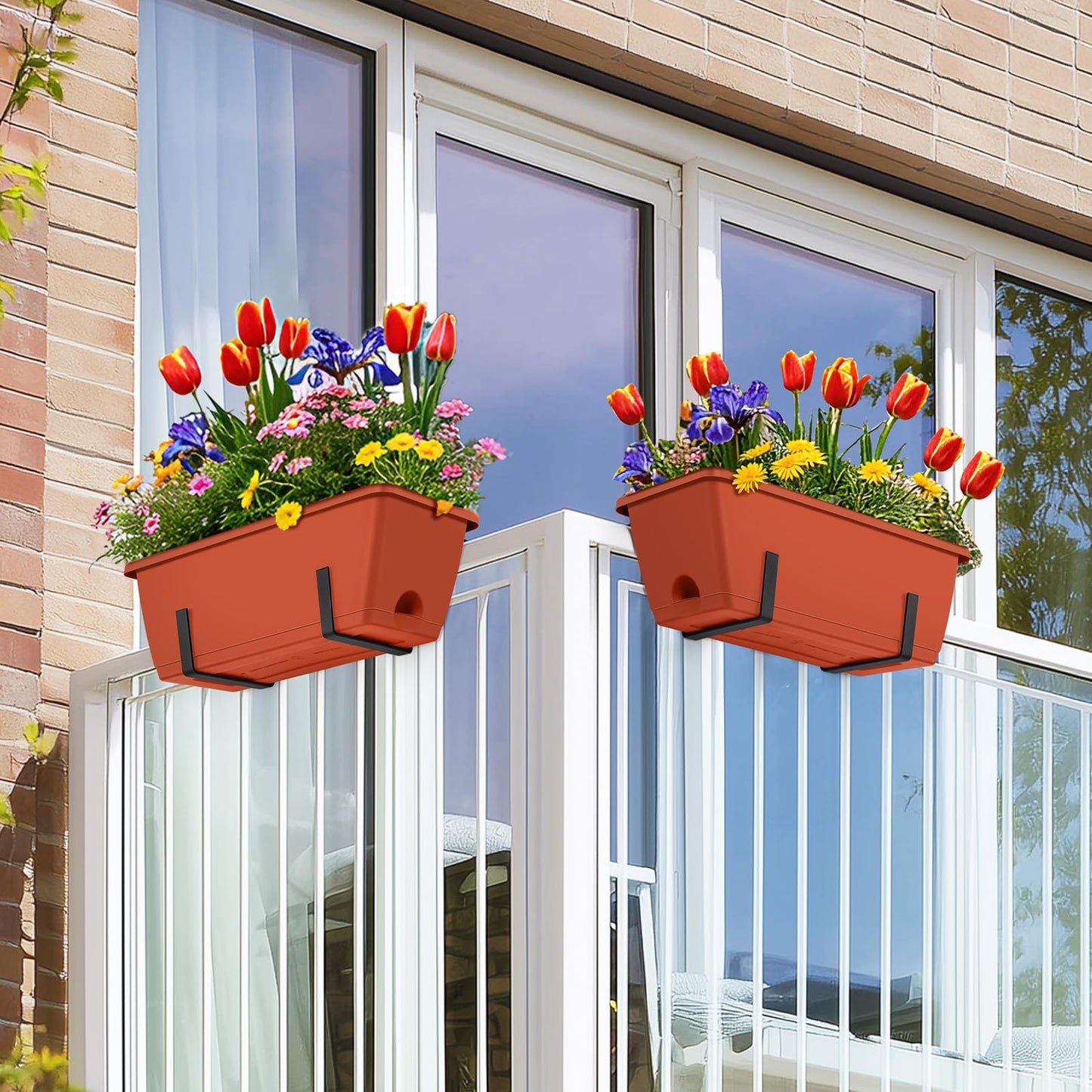 CADUKE Railing Planter Boxes Deck 2 Pack Railing Flower Box with Adjustable Bracket 17 Inch Window Boxes Rectangle Window Deck Hanging Planters Boxes for Outdoor Patio, Red