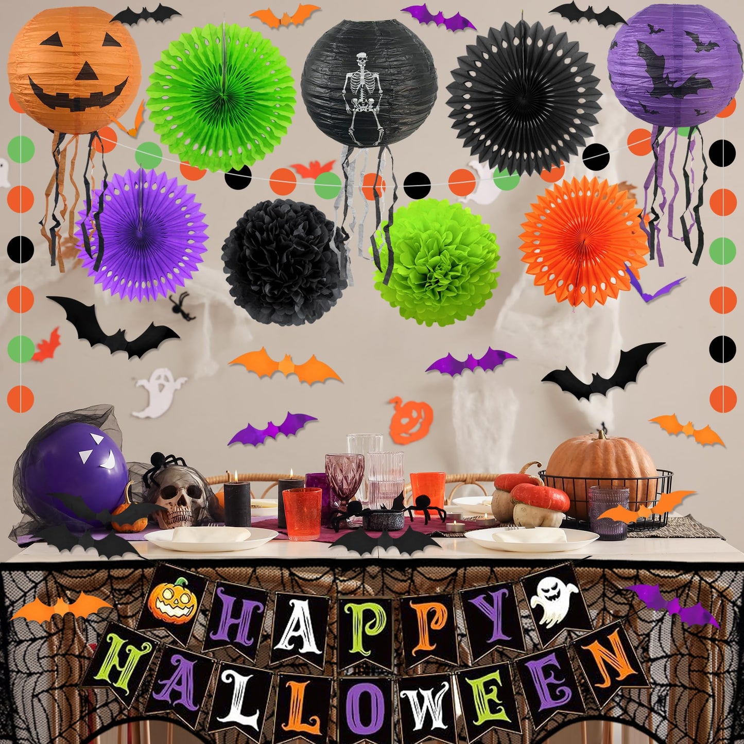 Trgowaul Happy Halloween Decorations Set, 48pcs Halloween Party Supplies, Banner, Paper Fans, Ppaper Lanterns, 3D Bat Sticker, Spider Cobweb Table Cover Fireplace Decor KIt