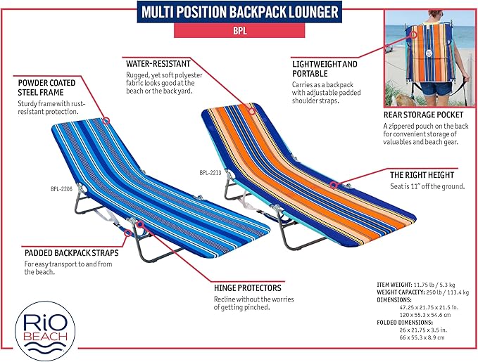 Rio Beach Portable Lay Flat Folding Backpack Beach Lounge Chair