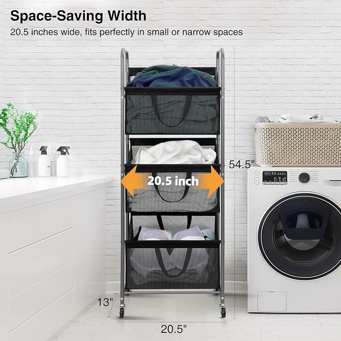 STO STO 3-Tier Vertical Laundry Hamper with Wheels, 120L Rolling Laundry Sorter with 3 Removable Breathable Mesh Bags, Rust-Resistant Steel Frame for Small Spaces, Apartment, Dorm, Black Mesh