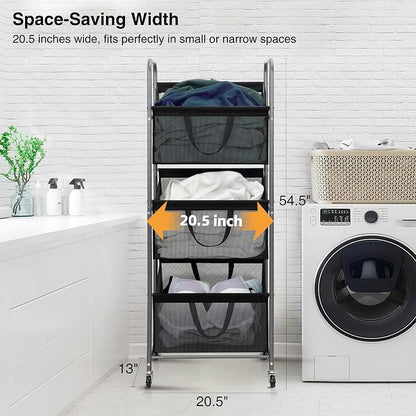 STO STO 3-Tier Vertical Laundry Hamper with Wheels, 120L Rolling Laundry Sorter with 3 Removable Breathable Mesh Bags, Rust-Resistant Steel Frame for Small Spaces, Apartment, Dorm, Black Mesh