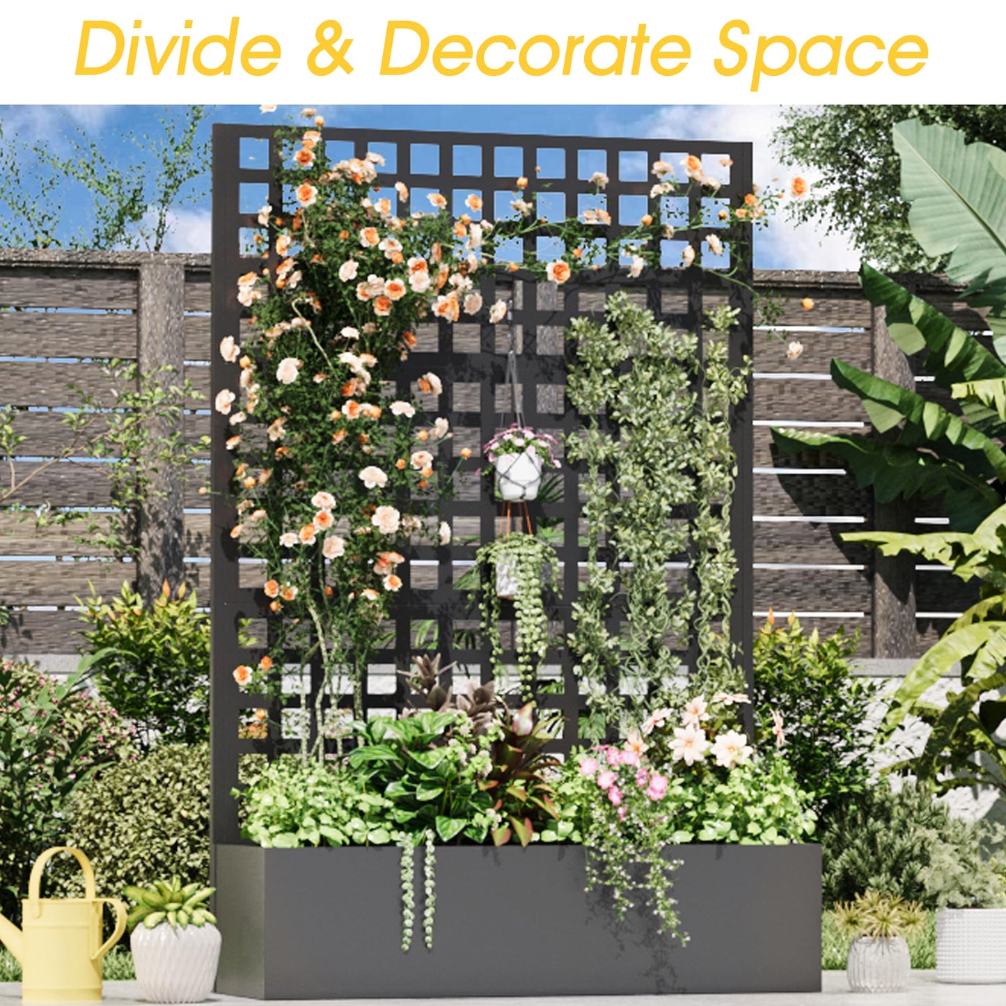 UPHYB Metal Planter Box with Trellis, 71"x 47"x 16" Raised Garden Bed, Planter Box Trellis with Privacy Screen and Drainage Holes, Black
