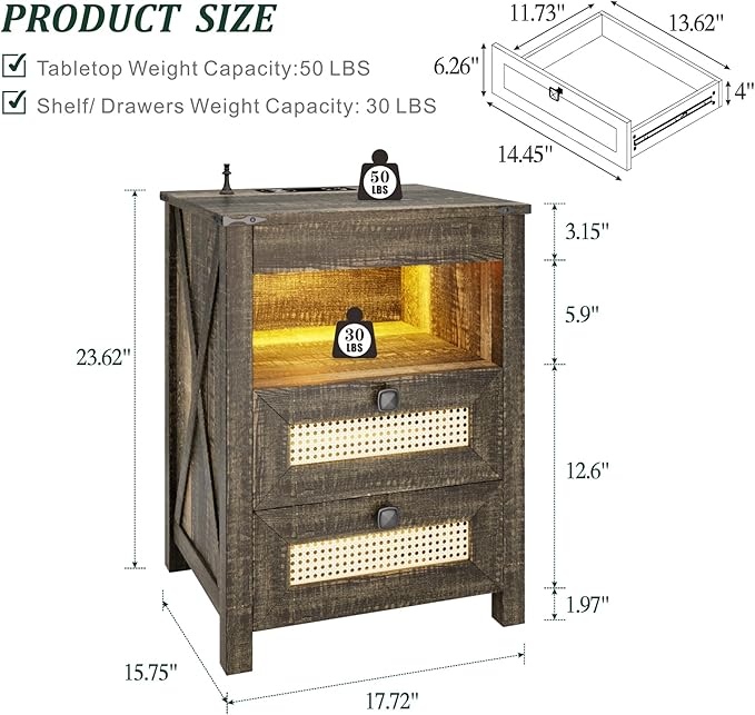 Farmhouse Night Stand with Gun Drawer, Bedside Table with Charger Station