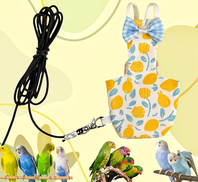2 Pcs Bird Diapers Bird Harness Flight Suits Diapers with 80 Inch Flying Leash Reusable Parrot Nappy with Waterproof Inner Layer for Cockatiel Budgie Conure Parakeet Lovebird-Bowknot&Lemon