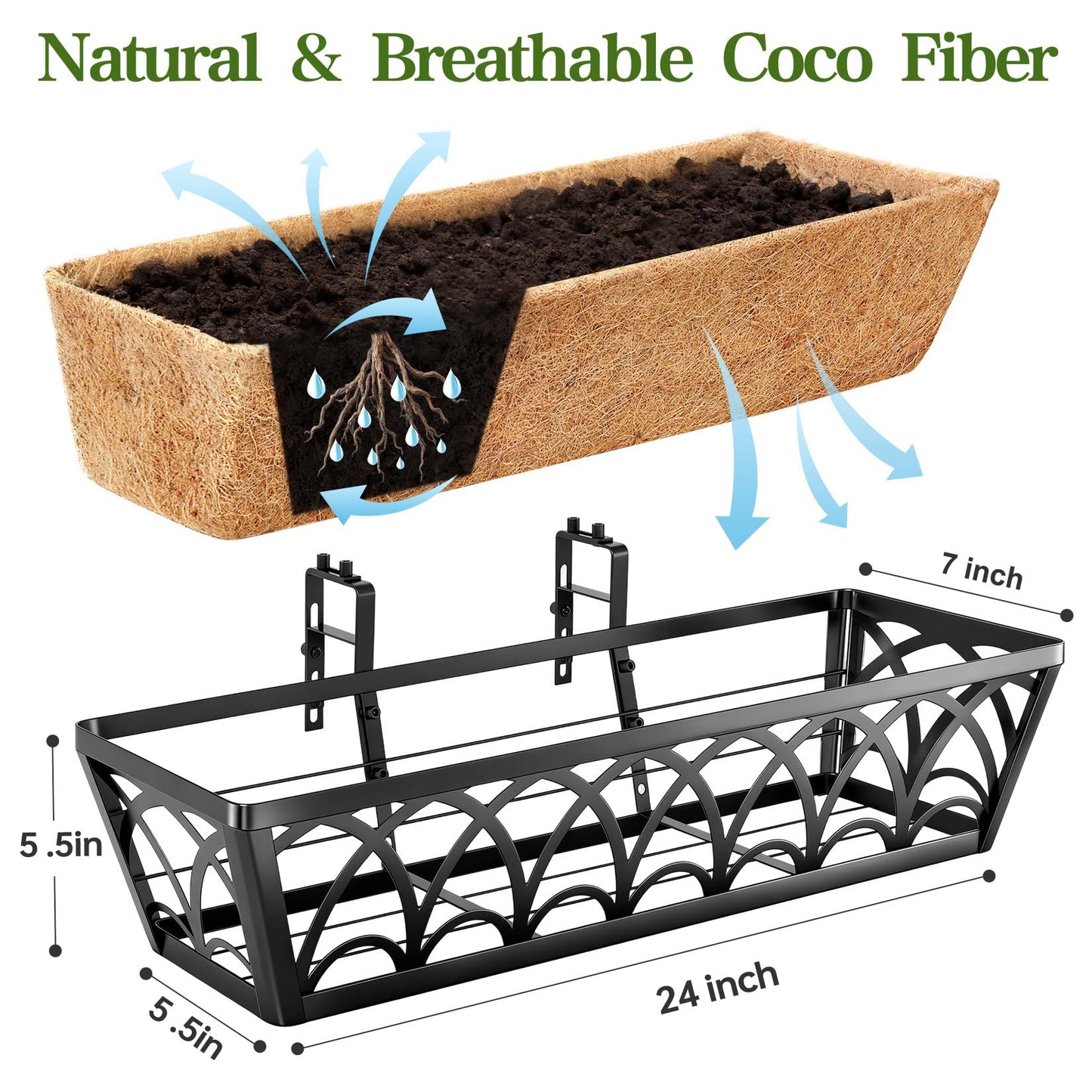 24 Inch Railing Planter Box Window Boxes Planters - 2 Pack Deck Railing Planter Boxes with Adjustable Brackets Coco Liners Balcony Planters Railing Hanging for Window Flower Boxes Outdoor Garden Decor
