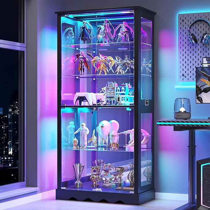 Dystler Display Cabinet with Glass Doors, LED Display Case with Removable Shelf