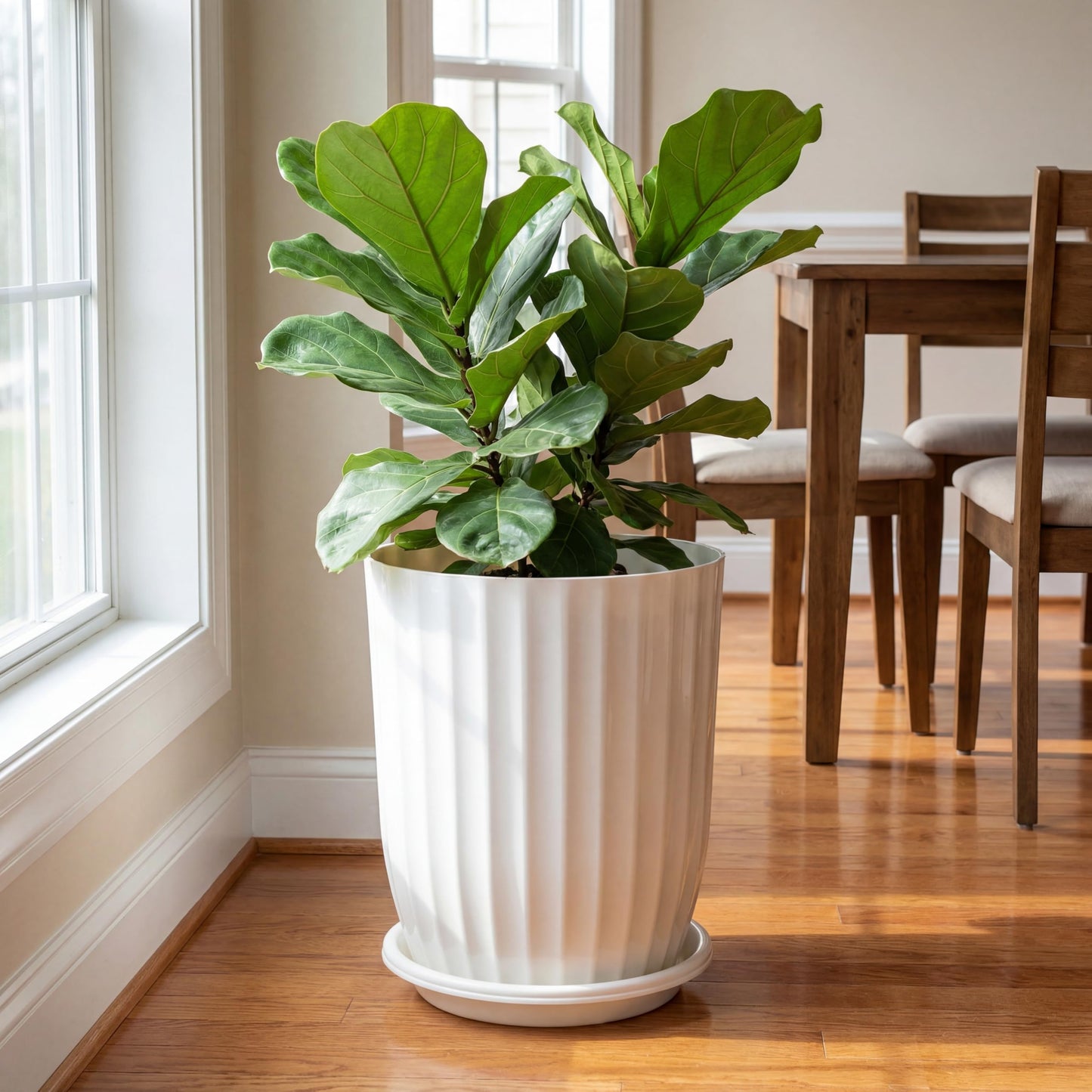 Briwooody 2 Pcs Tall Planter 12.6" Large Round Plastic Plant Pots with Drainage Hole and Tray White Modern Planter for Indoor Outdoor Plants Home Office Kitchen Bedroom Living Room Porch Patio Decor