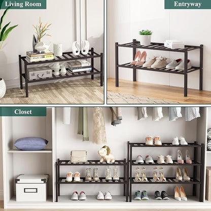 Smiry Bamboo Shoe Rack, 2 Tier Free Standing Wooden Shoe Organizer, Stackable Wood Shoe Storage Shelf for Closet, Entryway, 12 Vertical Slats, One-piece Standard Legs, 26.8"x11"x13", Brown