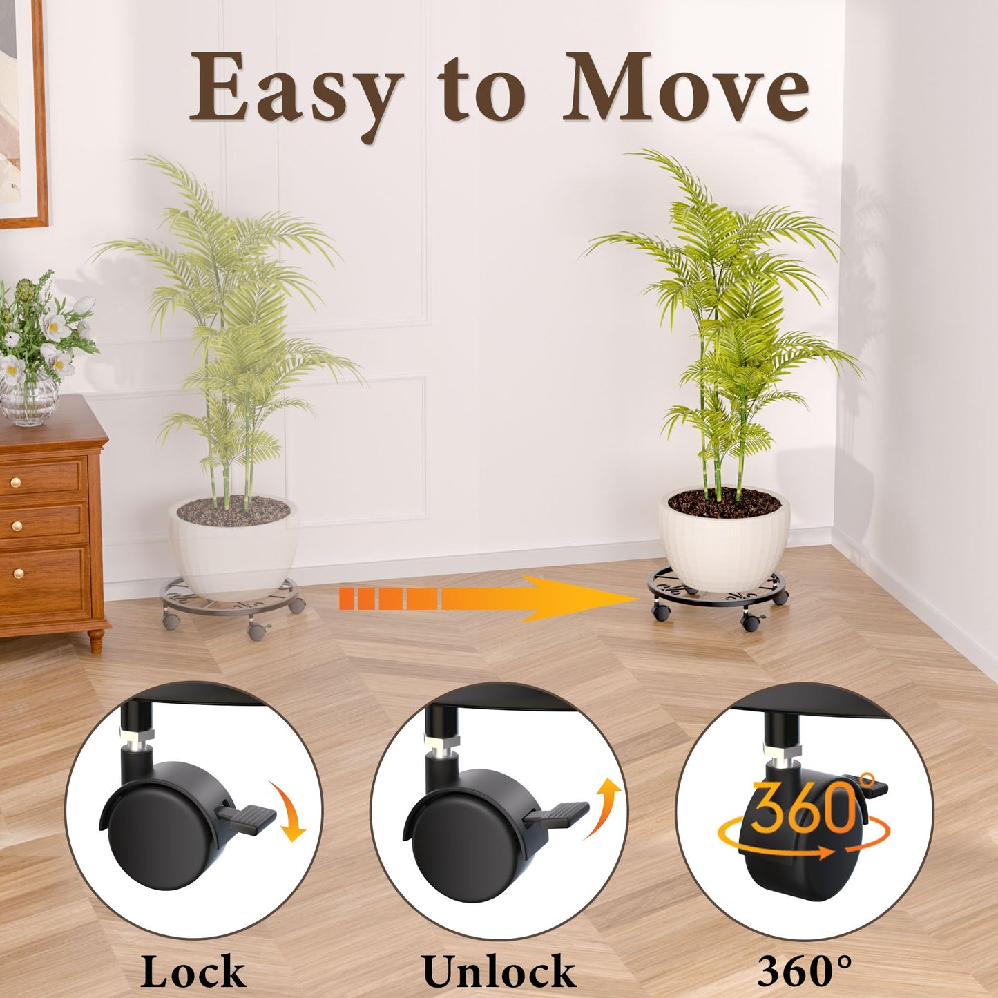 KOOKASHOP 10" Plant Caddy with Wheels, 1 Pack Plant Stand with Wheels, 360° Lockable Plant Rollers Plant Dolly, Plant Tray with Casters for Indoor and Outdoor.
