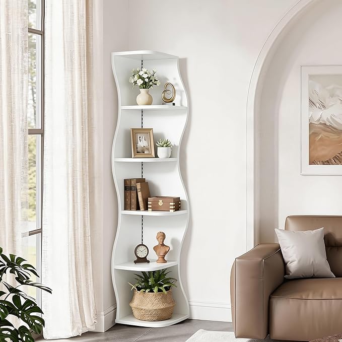 VECELO 6-Tier Compact Wave Corner Bookcase
