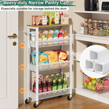 Slim Rolling Storage Cart, Laundry Room Organization and Storage Shelves for Between Washer and Dryer, Narrow Shelf Unit for Small Spaces, 4 Tier Thin Organizer Carts with Wheels for Bathroom, Kitchen