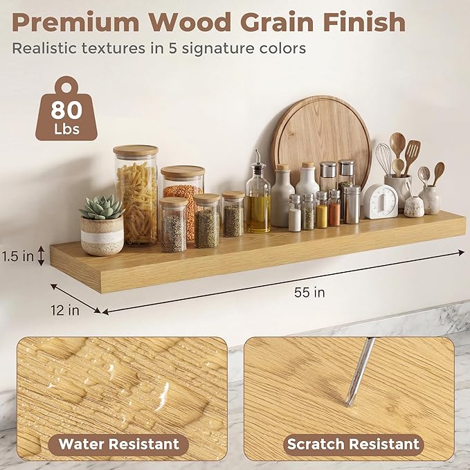 12 inch Deep Floating Shelves for Wall, 55 inch Wide Engineered Wood Wall