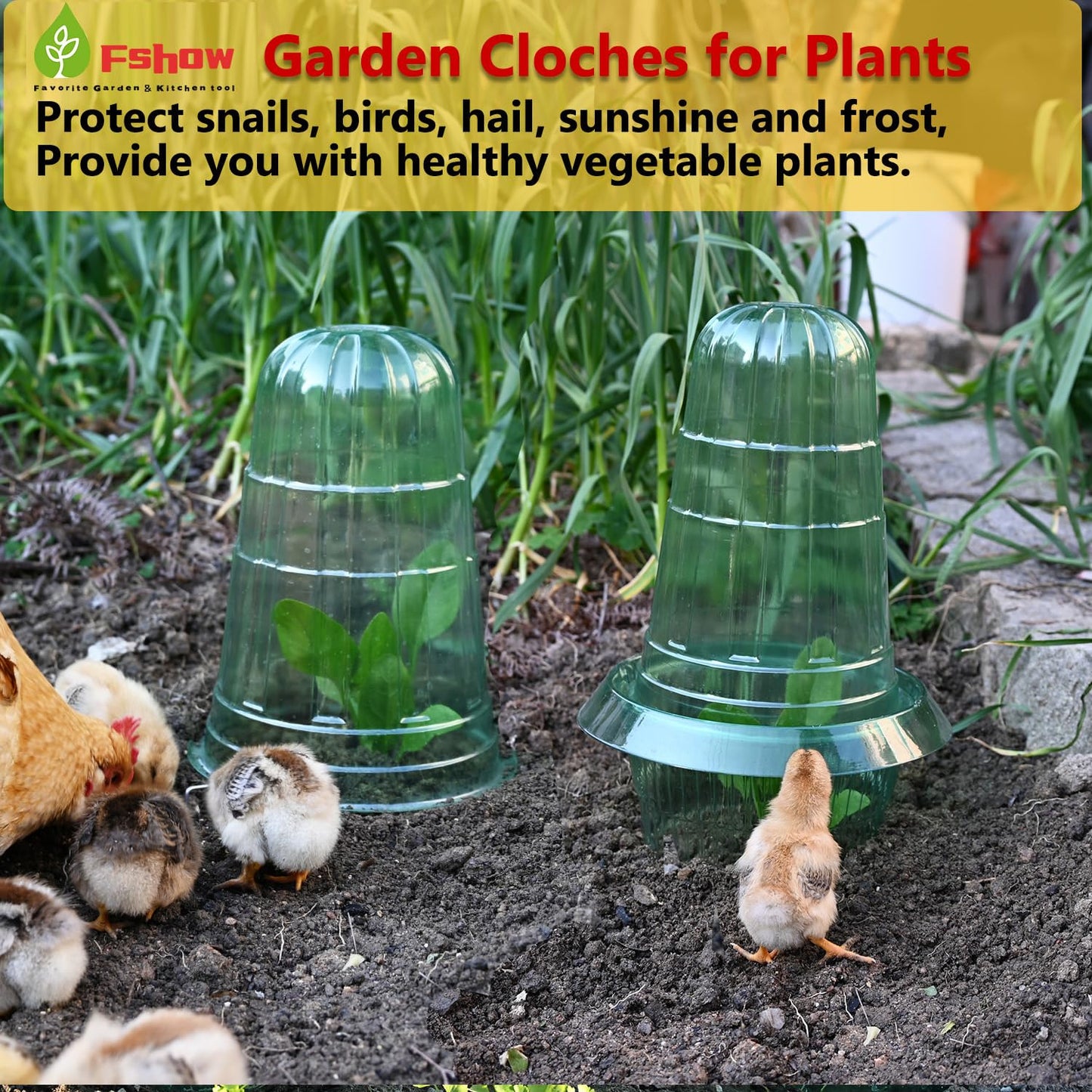 Fshow Upgraded Garden Cloches for Plants, Reusable Bell Plant Protector, Garden Protection from Animals Snails Birds Chickens Insect， Compatible with Slug Collar(Green 20 Pack)