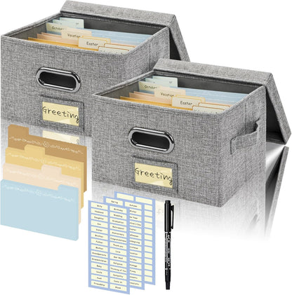 Greeting Card Organizer and Storage Box with 20 Pcs Adjustable Dividers, Storing Cards with 84 Pcs Labels Perfect for Storing Greeting Cards, Envelopes, Photos 2 Pack Grey