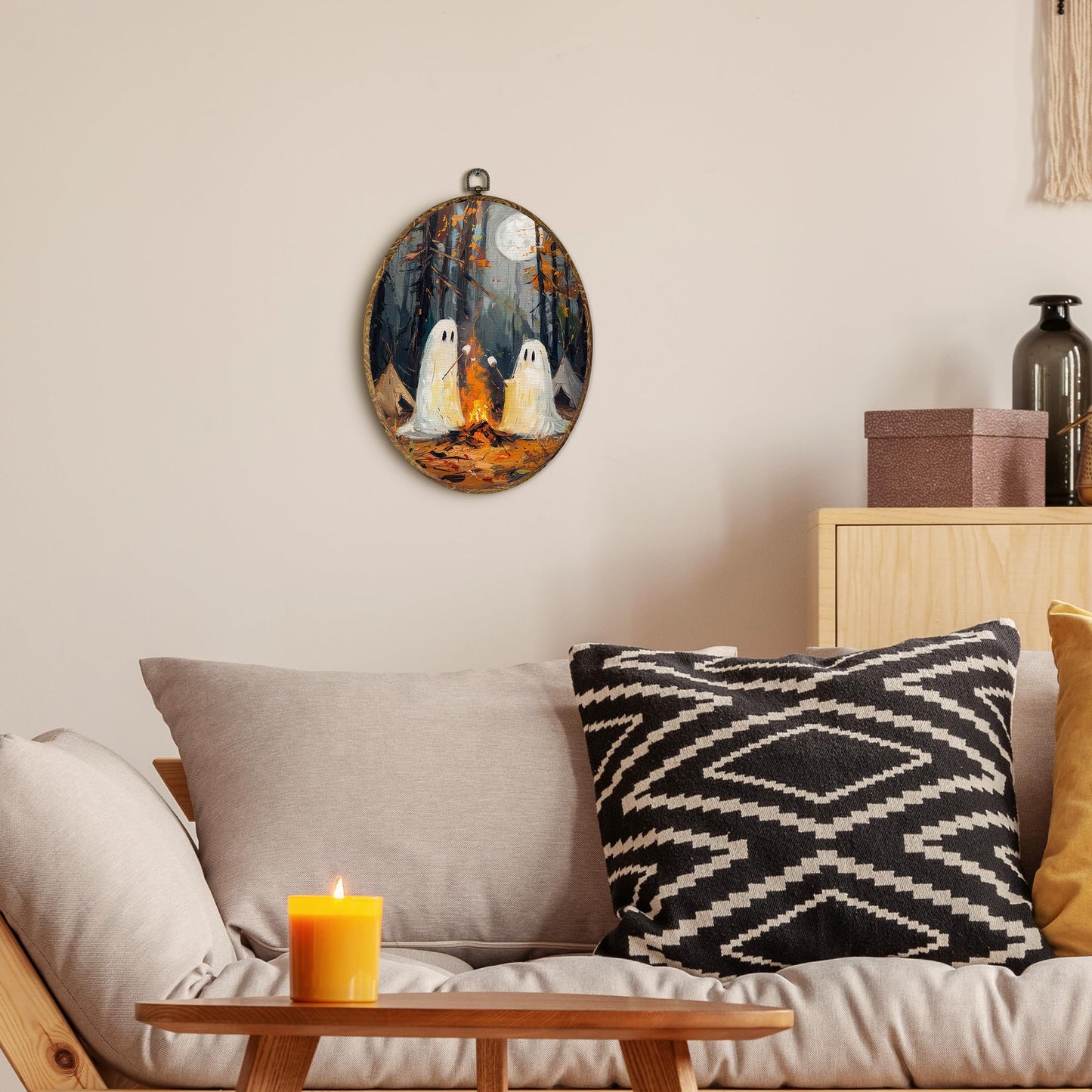 EGVQK Cute Halloween Ghost Oval Wall Art Decor, Dark Academia Framed Canvas Prints Wall Art, Ghost Toasted Marshmallow Oval Canvas Hanging Decor for Halloween Decorations Indoor Living Room,8.5x11.5in