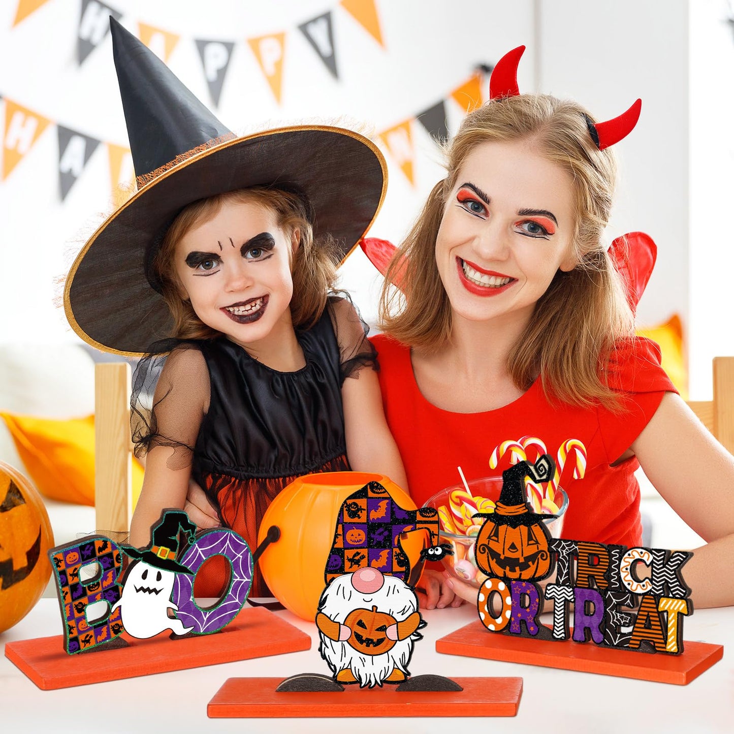 Hoolerry 6 Pieces Halloween Table Decorations Pumpkin Ghost Witch Hat Table Centerpiece Trick or Treat Table Topper Signs for Halloween Table Party Living Room Kitchen Office Bar Decorations