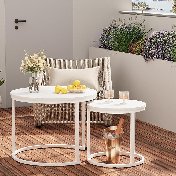 Garden 4 you Nesting Coffee Table, 23.6" Round Coffee Table Set of 2, Wooden