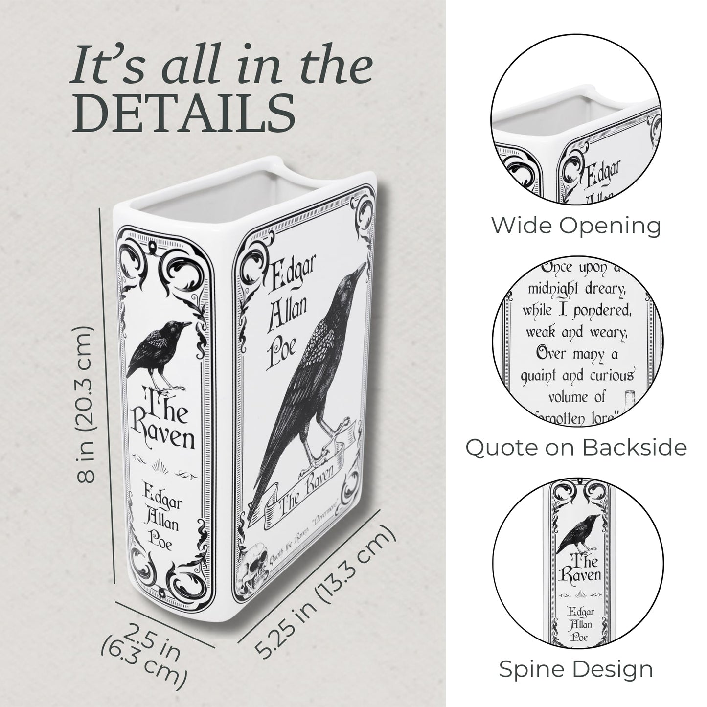 Steel Mill & Co Original Large Book-Shaped Decorative Vase, Ceramic Vases for Home Decor, Gothic Bookshelf Decor, Unique Vase for Book Lovers (The Raven - White)